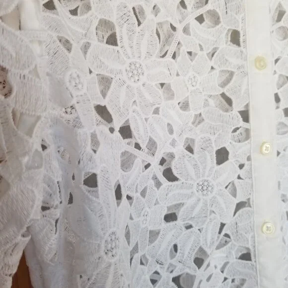 Banana Republic White Lace Top Size XS Long Sleeve Button Down Battenburg Floral - Picture 6 of 11